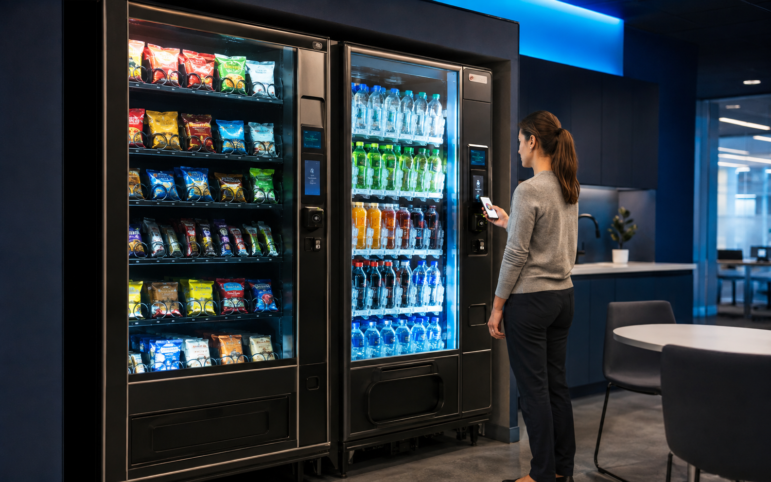 Employee using a contactless payment reader on a modern professionally stocked vending machine