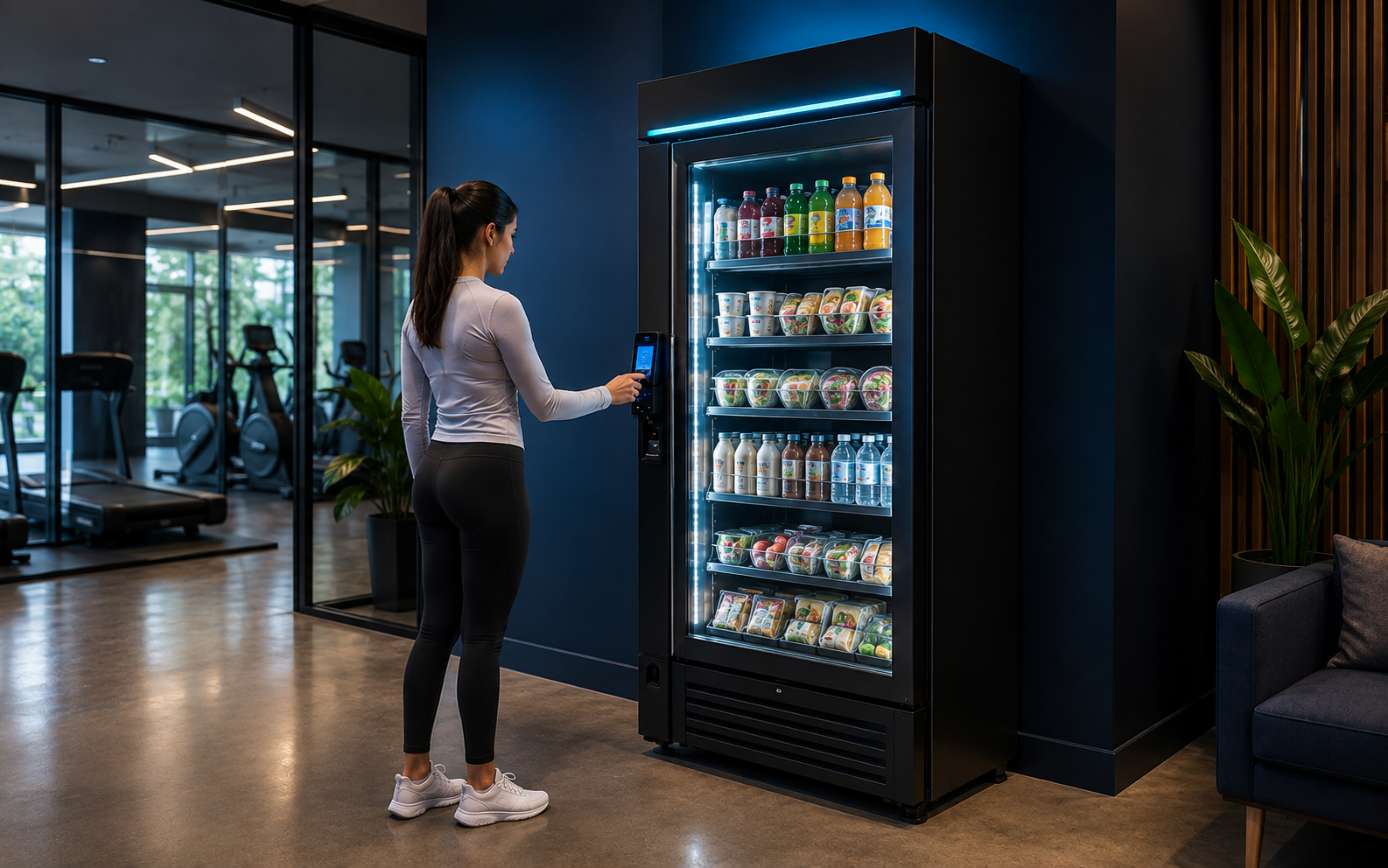 Modern smart cooler offering secure cashless access to refrigerated drinks, meals, and snacks