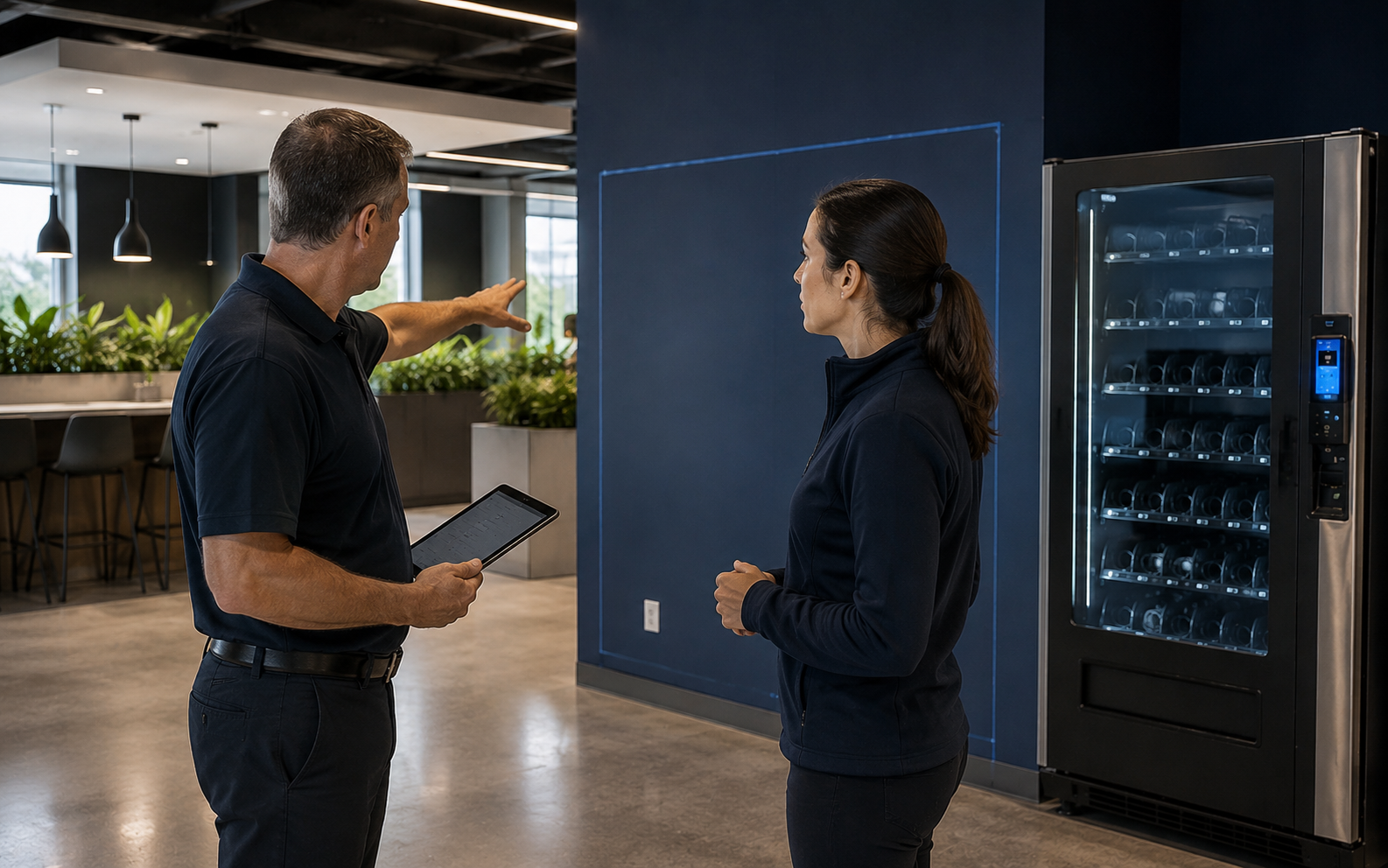 Vending operations specialist evaluating space, access, power, and traffic during a professional site assessment