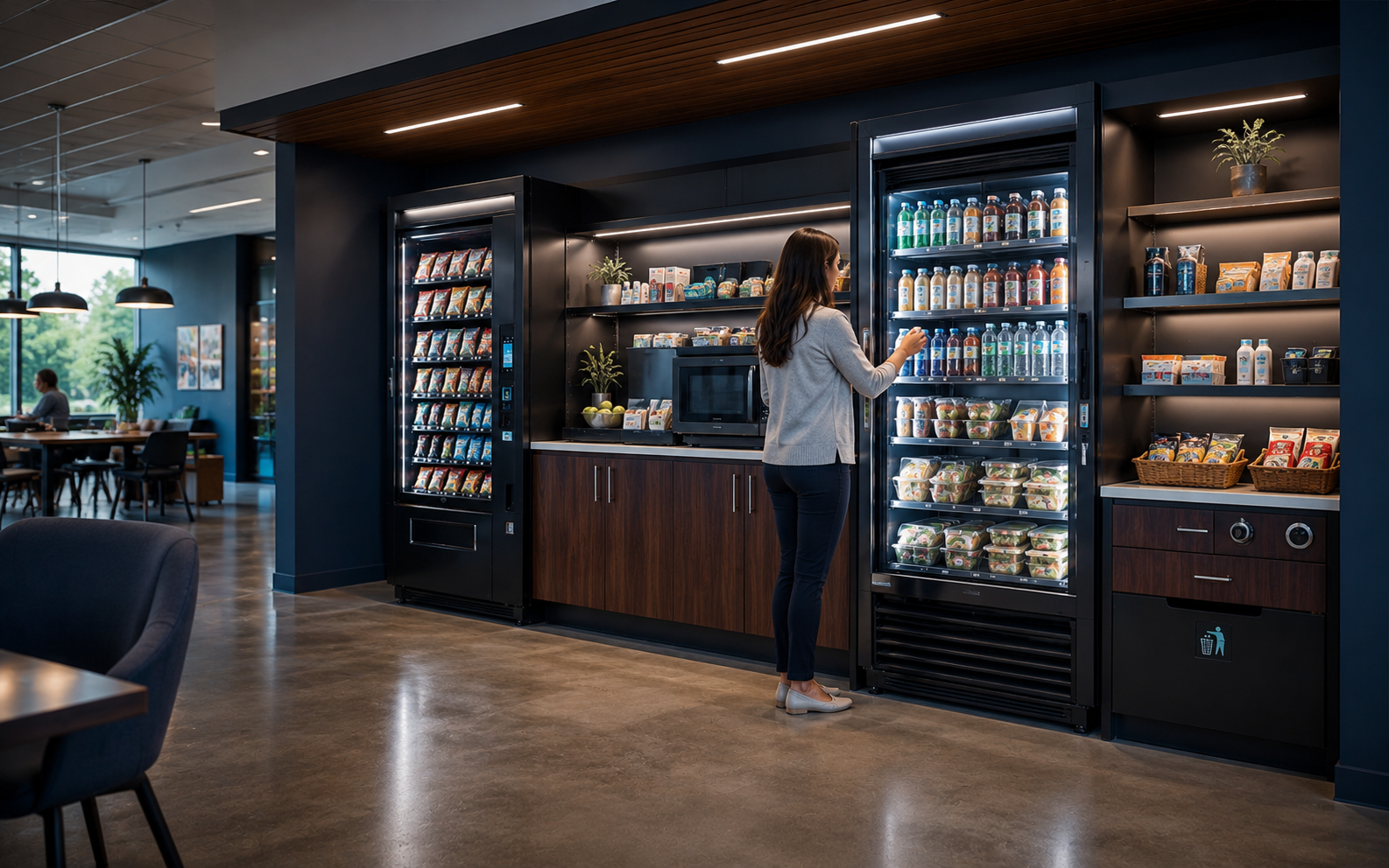 Upgraded cashless vending and smart cooler setup designed as a curated retail amenity