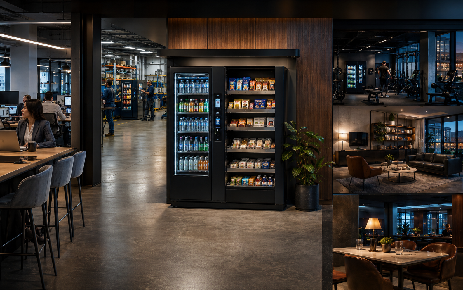 Modern vending and retail solutions adapted for workplaces, warehouses, apartments, sports facilities, and hospitality environments