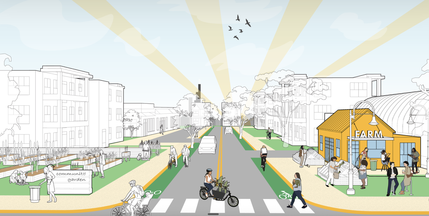 Concept sketch of an urban farm on a main street, with people walking and biking past