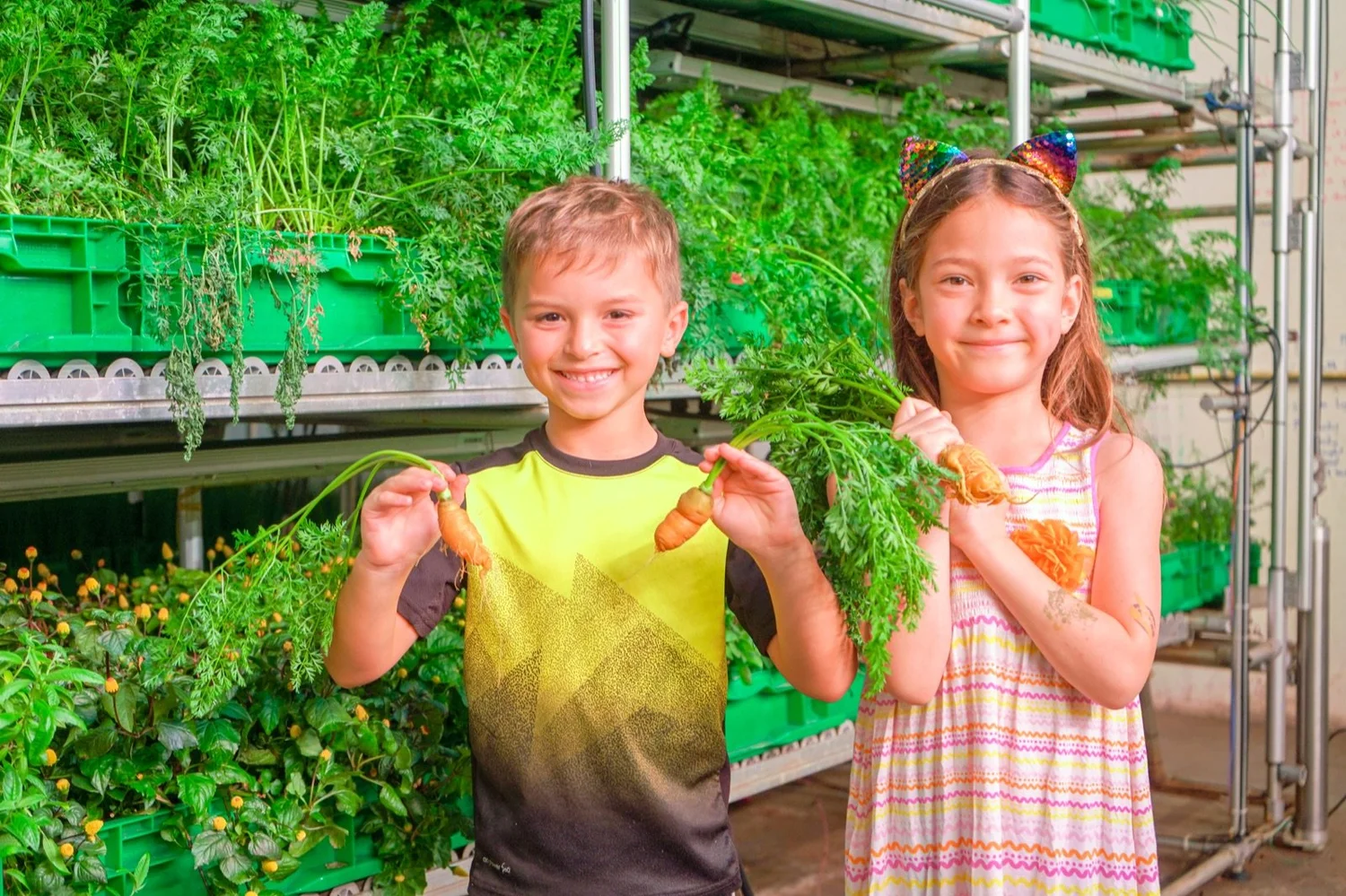 Two children holding freshly pulled carrots inside an Area 2 Farms location.
