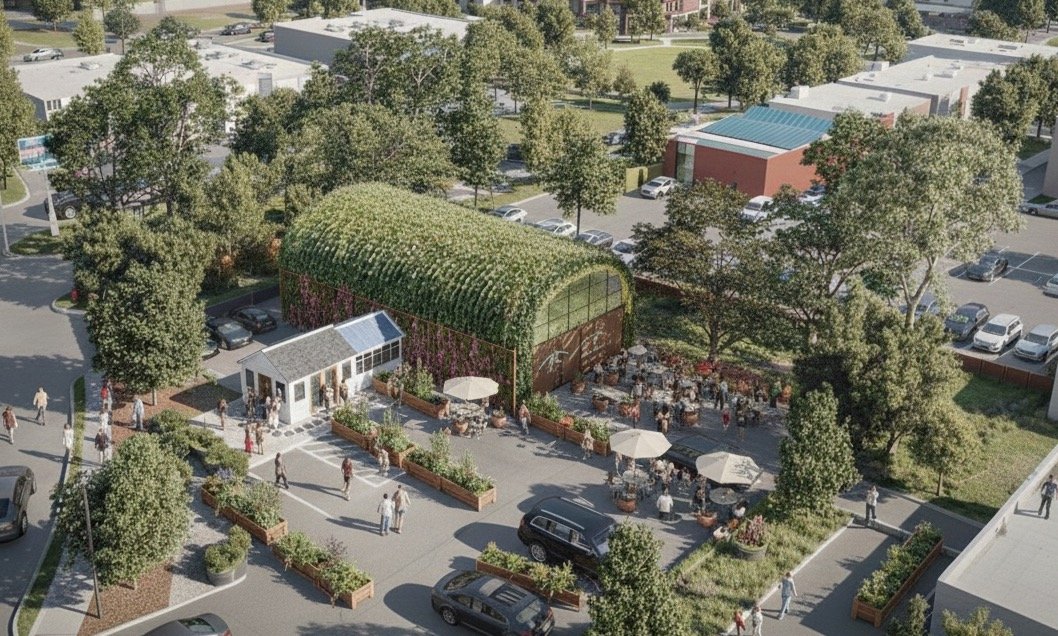 Rendering of the Area 2 Farms urban farm in Fairfax, Virginia, on a lot that sat vacant for 25 years, with a greenhouse, a Farm Stand, and neighbors gathered outside