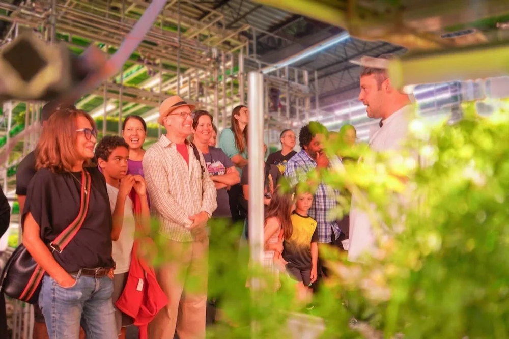 Neighbors on a free tour of an Area 2 Farms urban farm, listening to their farmer