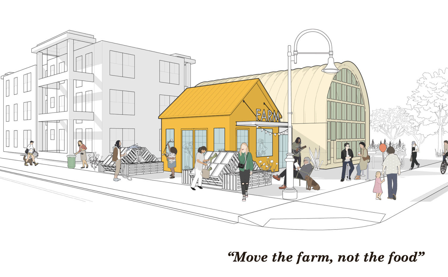 Concept sketch of a corner storefront reworked into an Area 2 Farms farm and Farm Stand, with neighbors walking and shopping outside