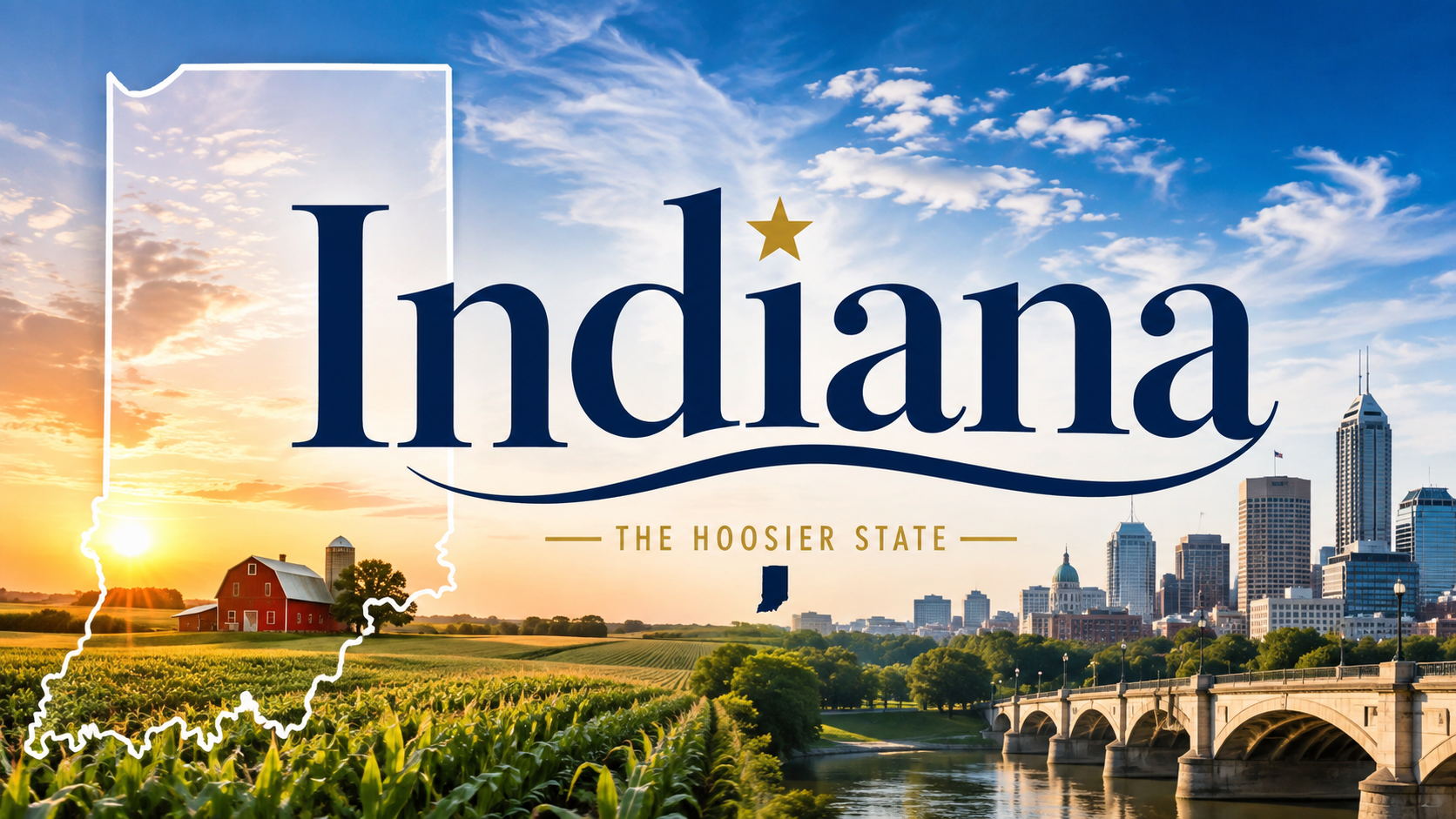 Indiana, the Hoosier State — state outline over a sunset cornfield and the Indianapolis skyline