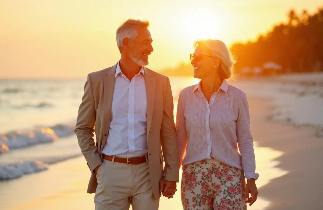 Retirees walking on the beach