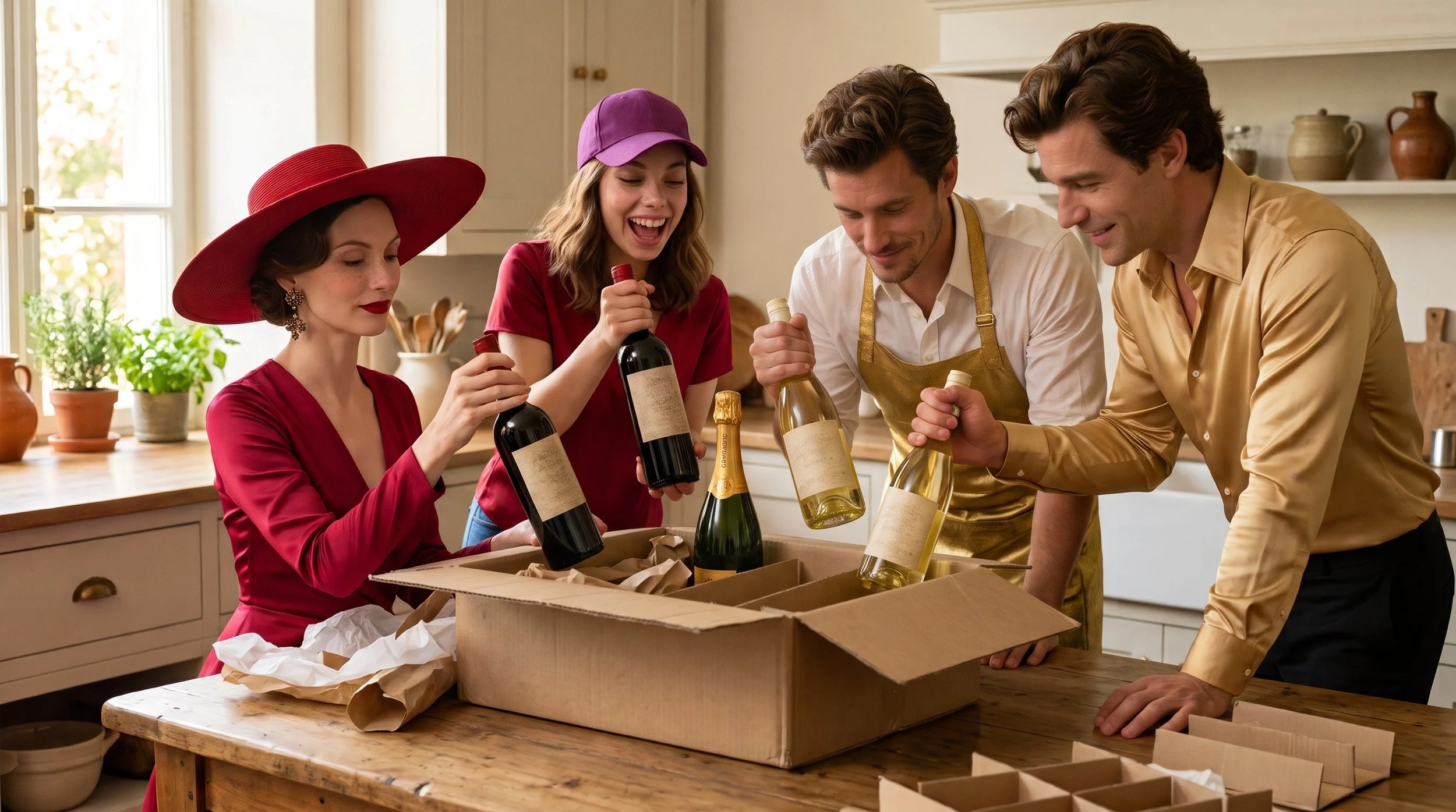 Princess Nora, Gaby, Charlie and Pier Giorgio unpacking a box of wine