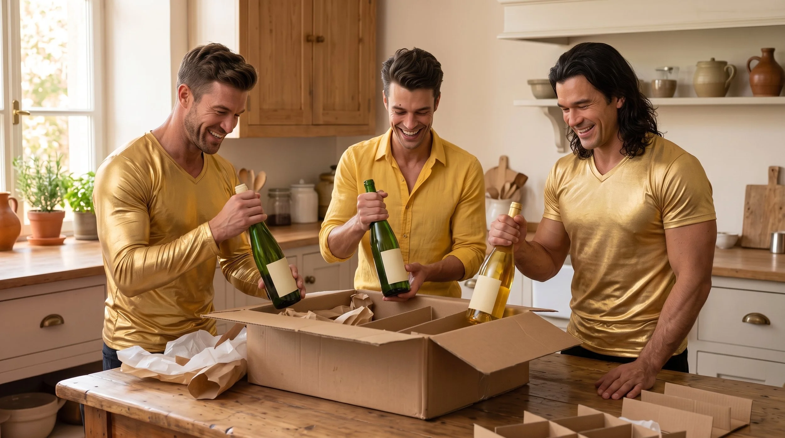 Gregory, Rainart and Victor unpacking a box of wine
