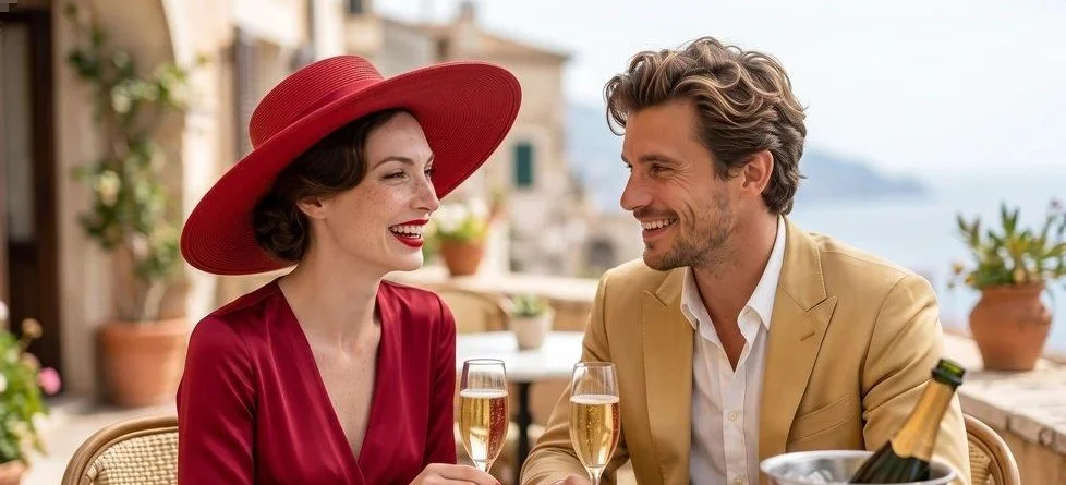 Nora and Charlie sharing Champagne