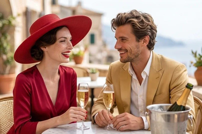 Nora and Charlie sharing Champagne