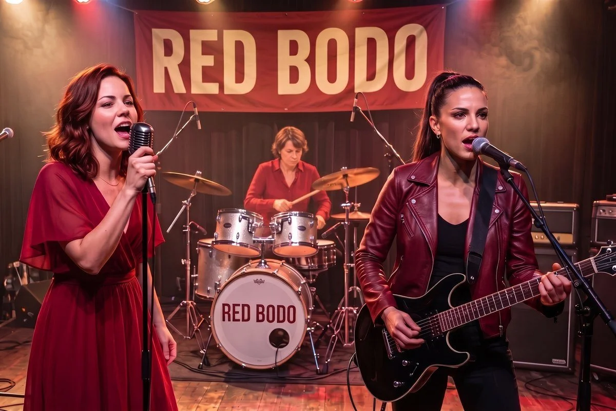 Mary, Camille and Catherine playing in their band Red Bodo