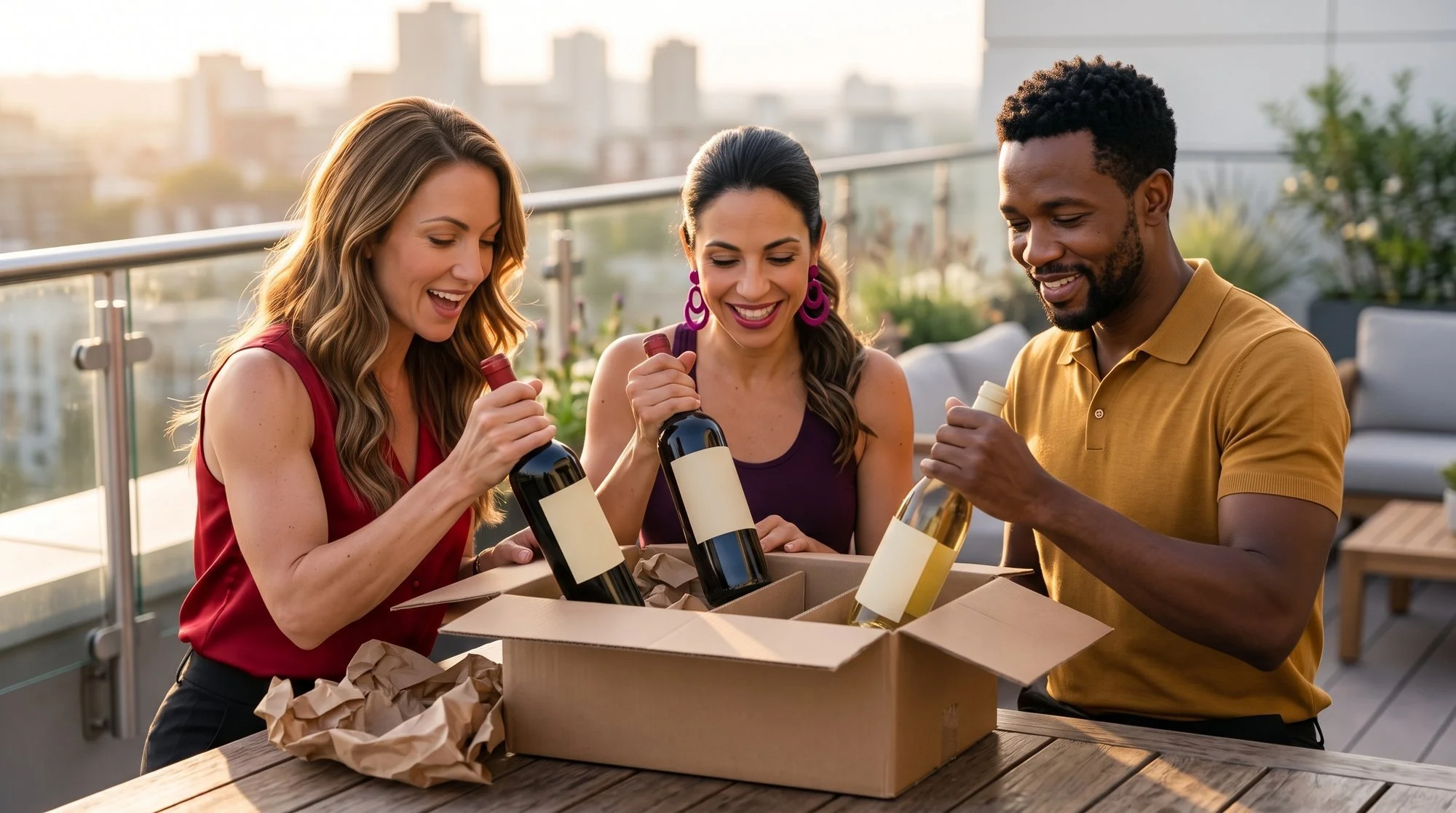 Zoey, Maria and Chike unpacking a box of wine