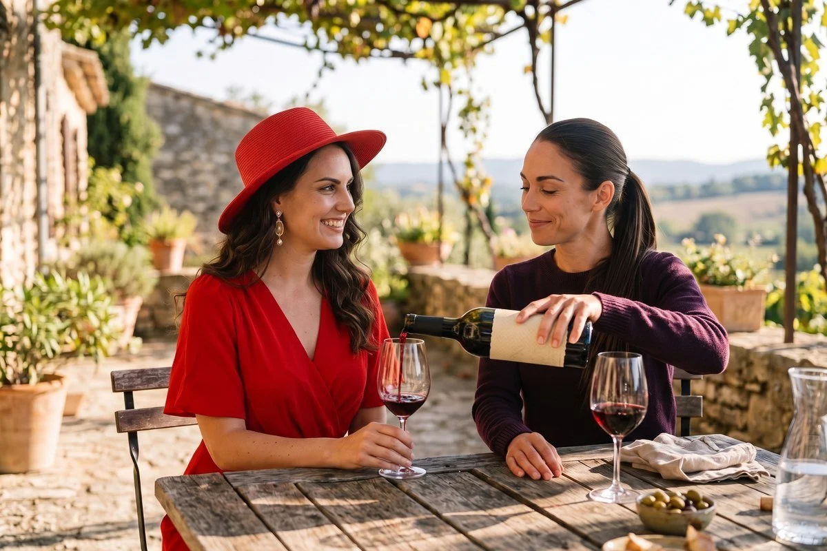 Gabrielle and Sylvie sharing a bottle of red wine