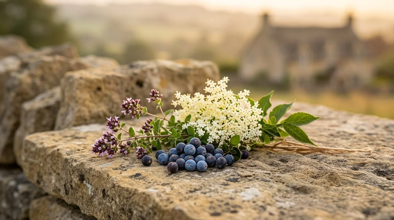 Cotswolds gin botanicals — juniper, elderflower, wild marjoram on limestone