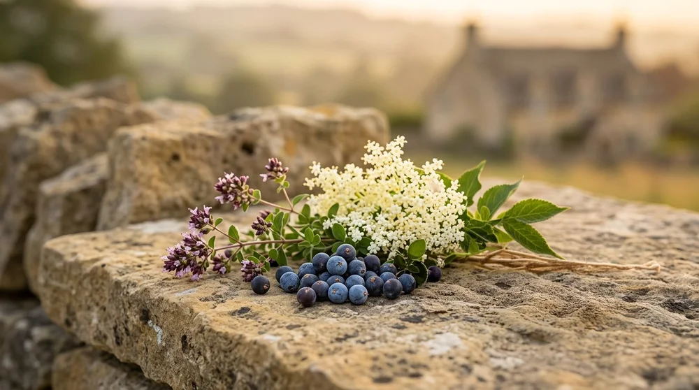 Juniper, elderflower and wild marjoram on a Cotswold limestone wall