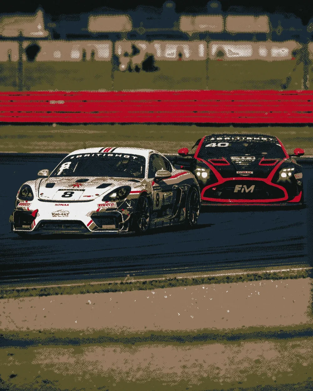 A white Porsche leading a black Aston Martin past the red barrier, flat poster inks