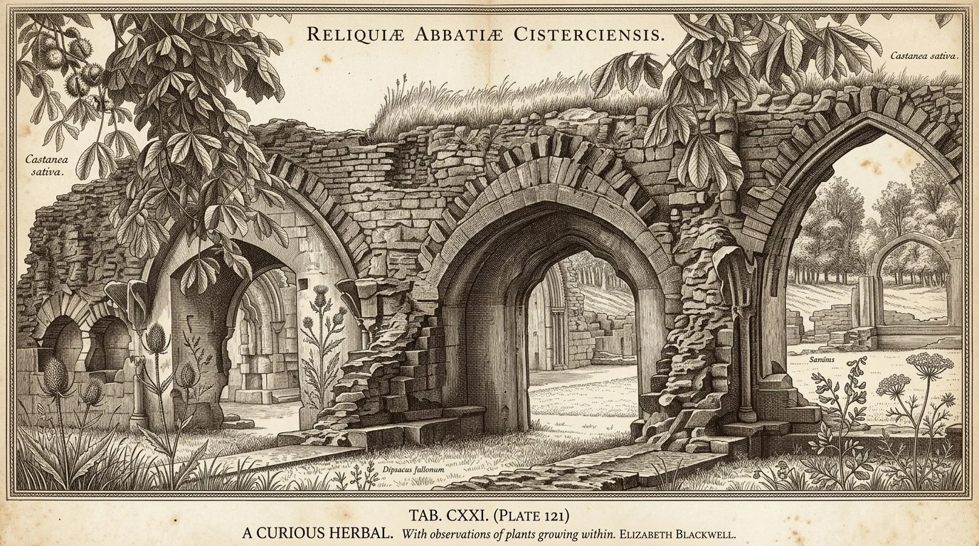 Hailes Abbey ruins drawn as a copper-engraved plate in the style of A Curious Herbal