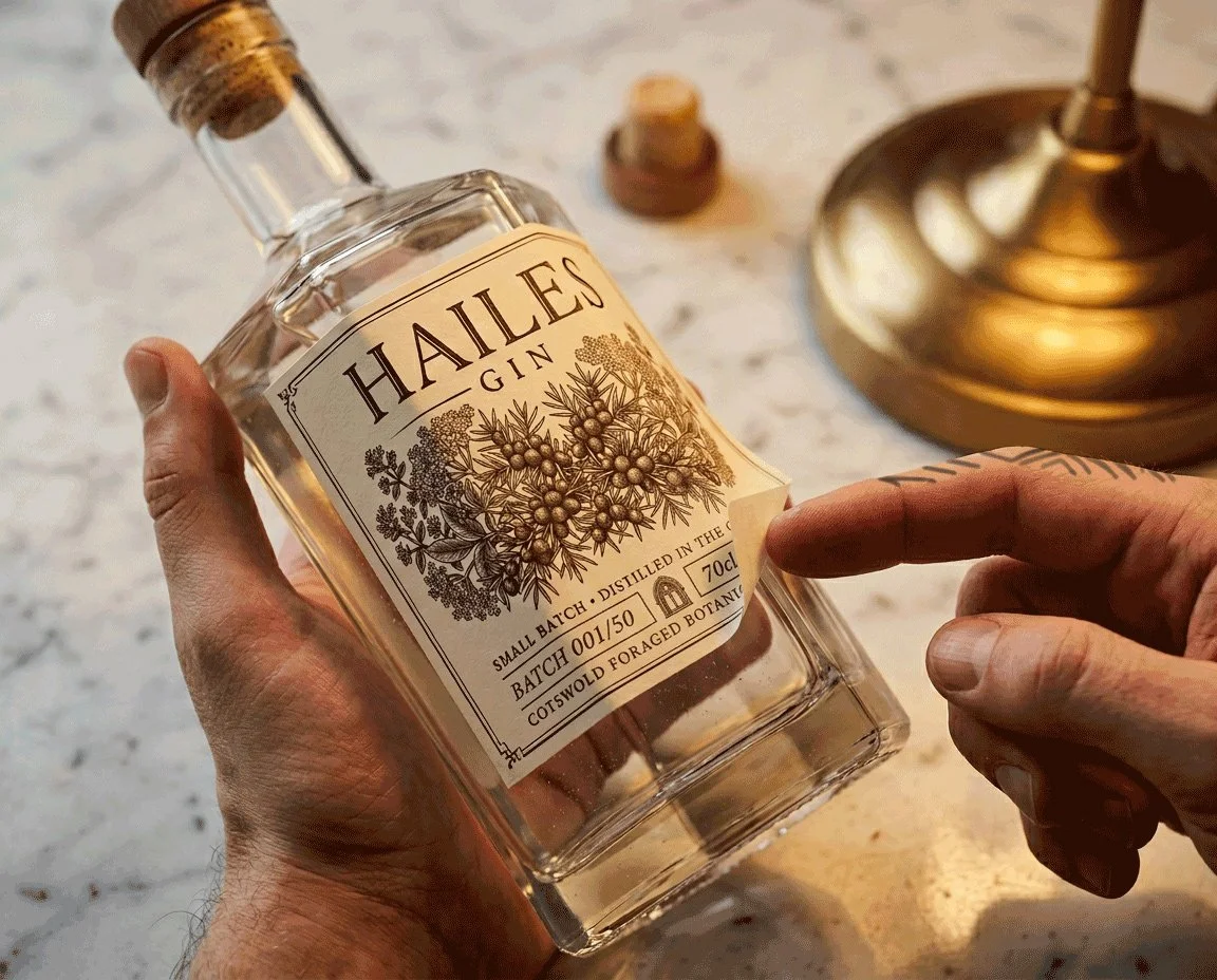 Applying the Hailes label to the bottle for the first time