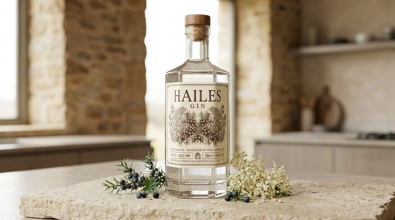 Hailes Gin hexagonal bottle with cream botanical engraving label on Cotswold limestone