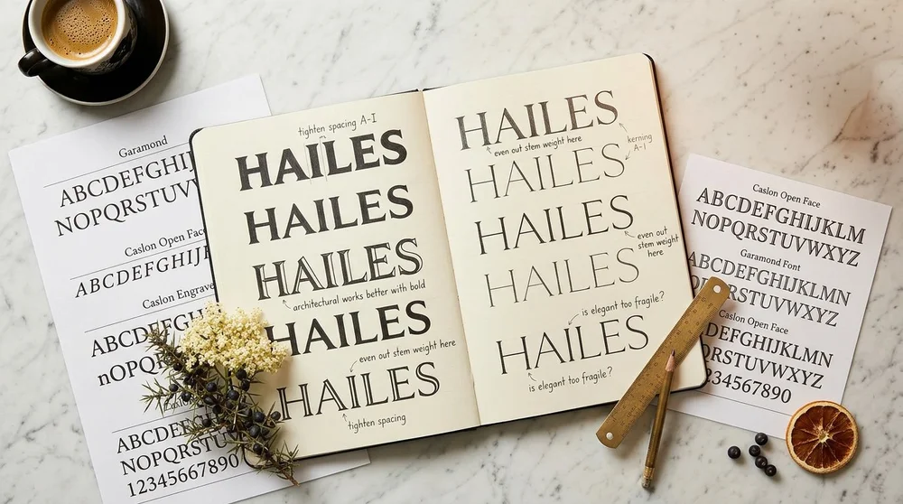 Type exploration testing the HAILES wordmark in different engraved serif styles