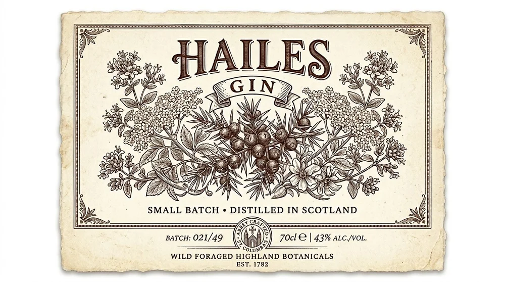 First printed test label for Hailes Gin