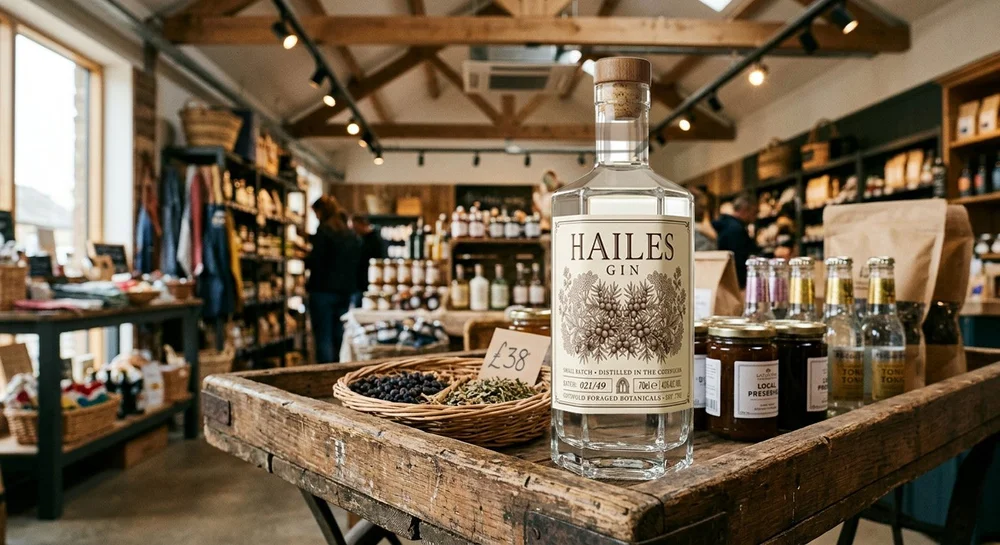 Hailes Gin on the shelf of an artisan Cotswolds farm shop