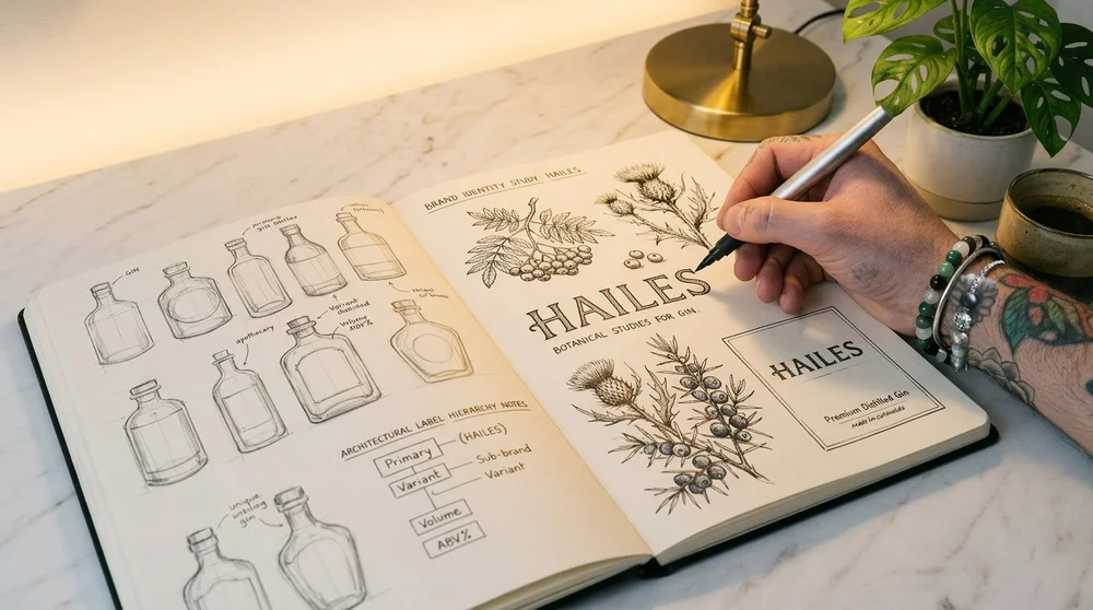 Journal sketches of the Hailes label and bottle form