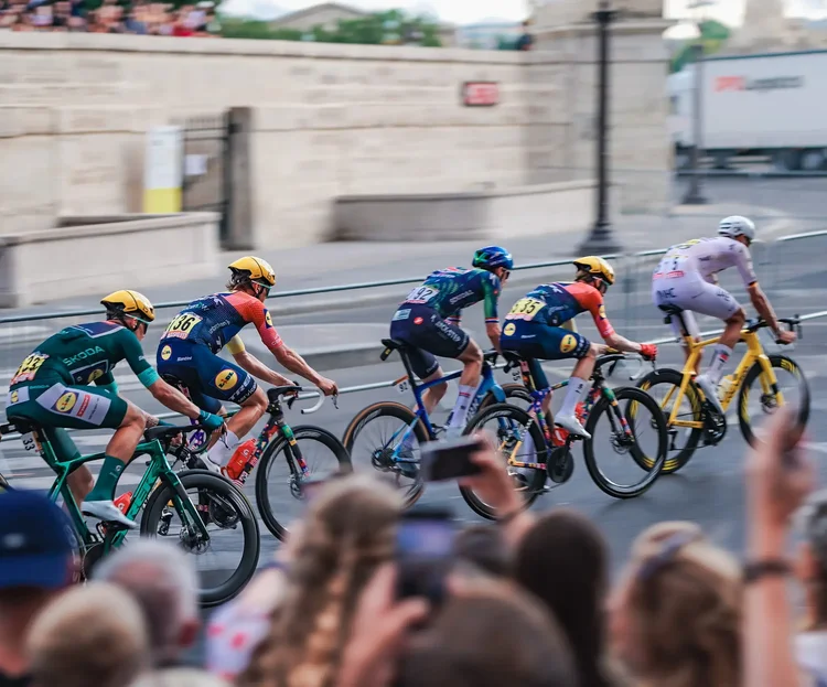 The green jersey on a Lidl-Trek rider in a group racing through Paris on the final stage of the Tour de France 2026