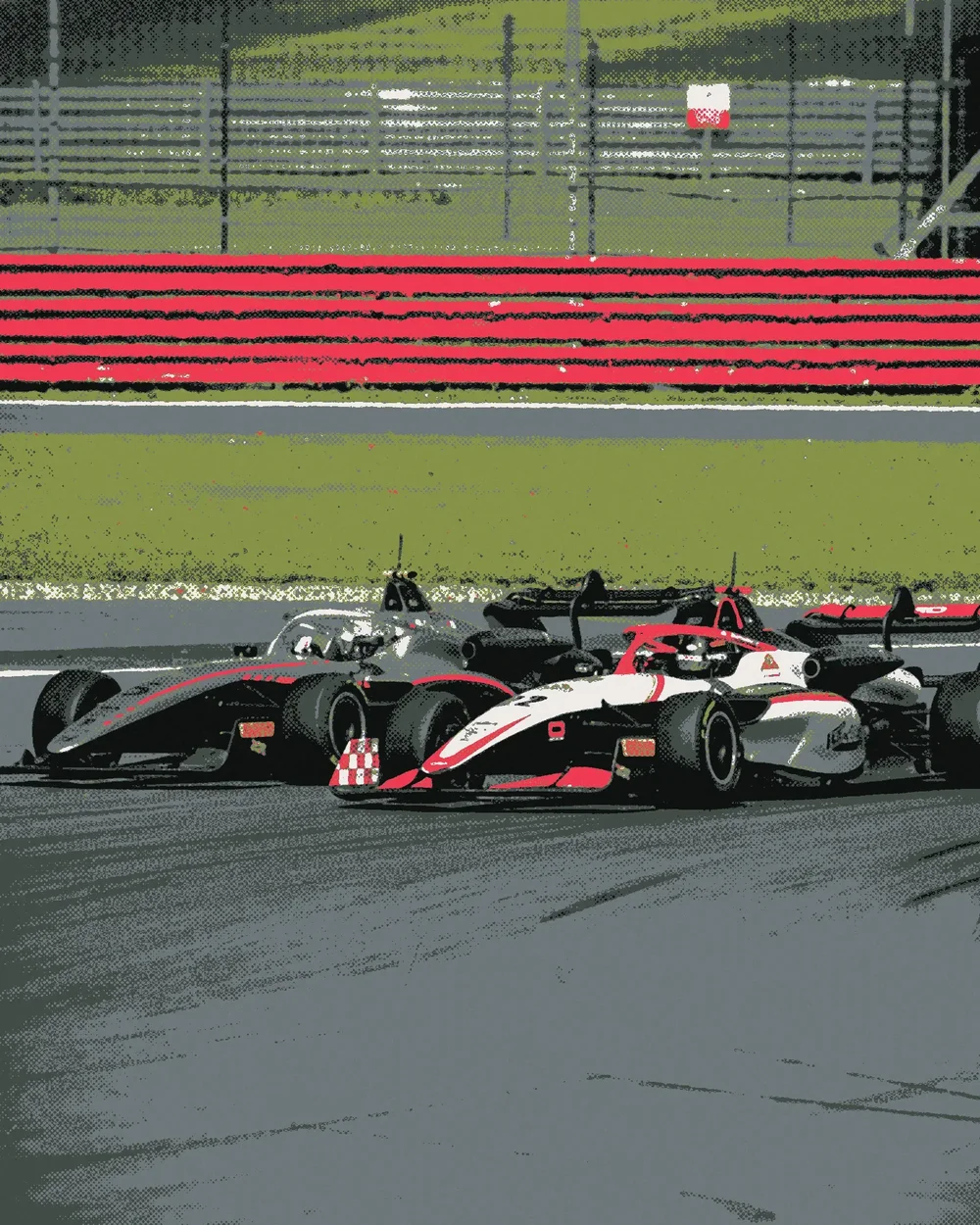 Two single-seaters side by side into a corner, printed in flat inks taken from the photograph