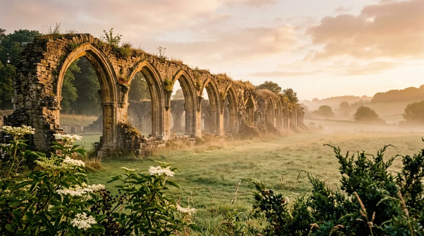 The ruins of Hailes Abbey at golden hour in the Gloucestershire Cotswolds