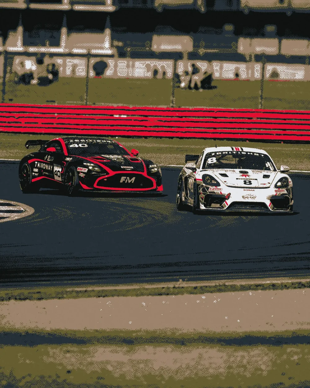 A black and red Aston Martin alongside a white Porsche, flat poster inks with halftone edges