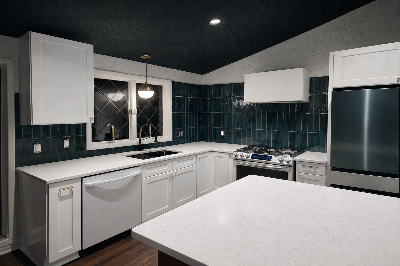 Teal kitchen — evening
