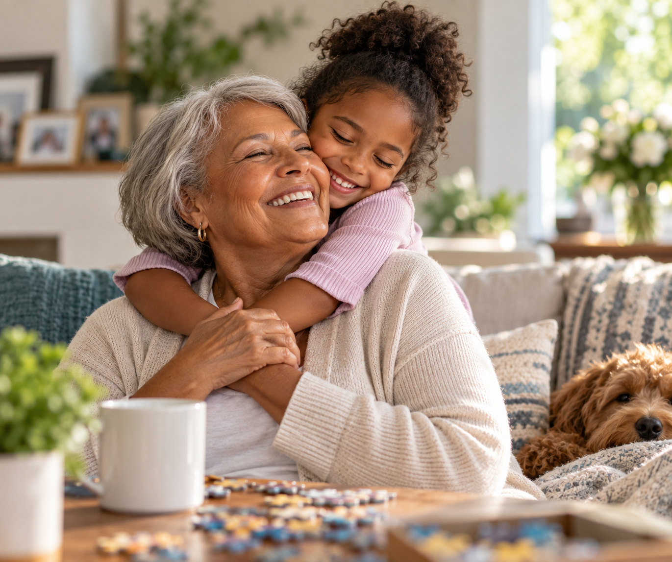 Two people sharing a warm embrace at home