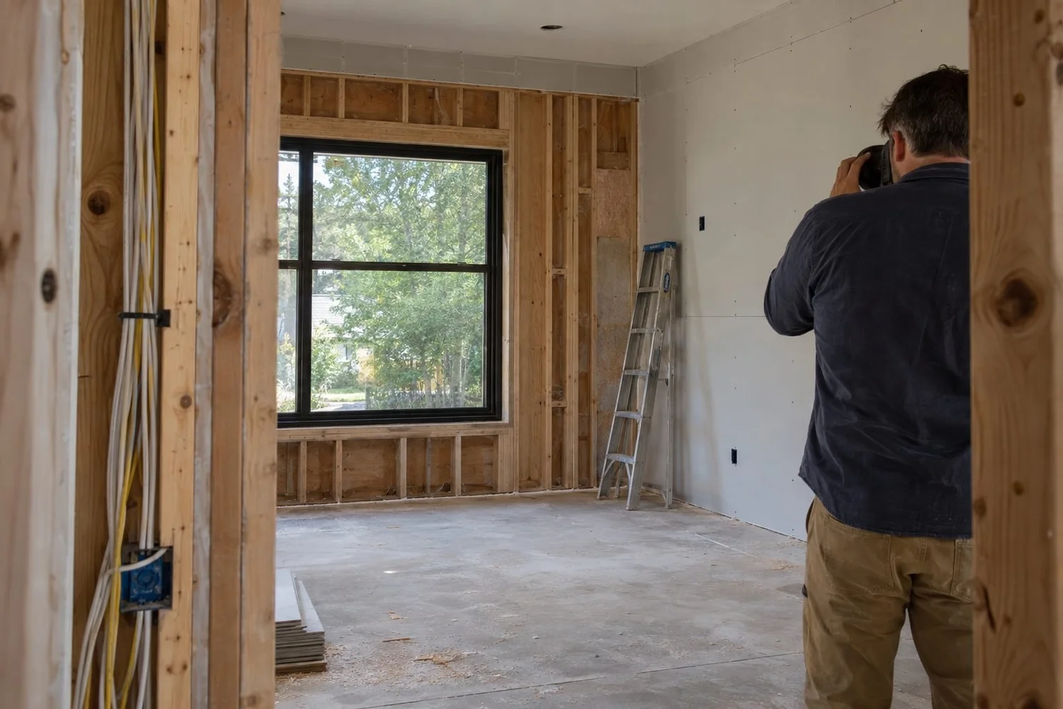 Photographer documenting a framed room during a recurring renovation site visit.