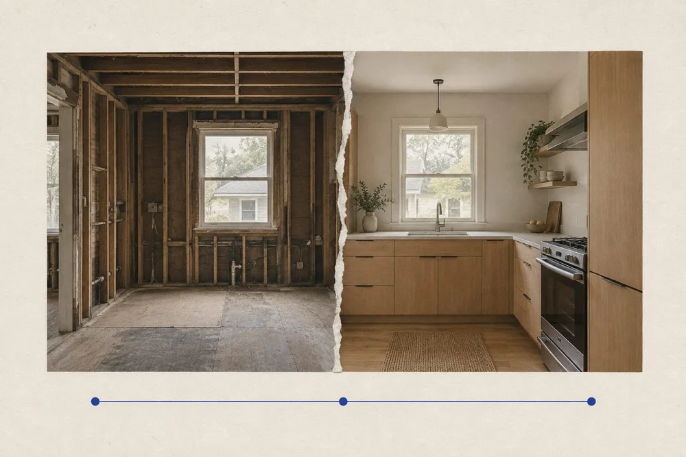 Before and after comparison of a kitchen renovation from exposed framing to finished cabinets.