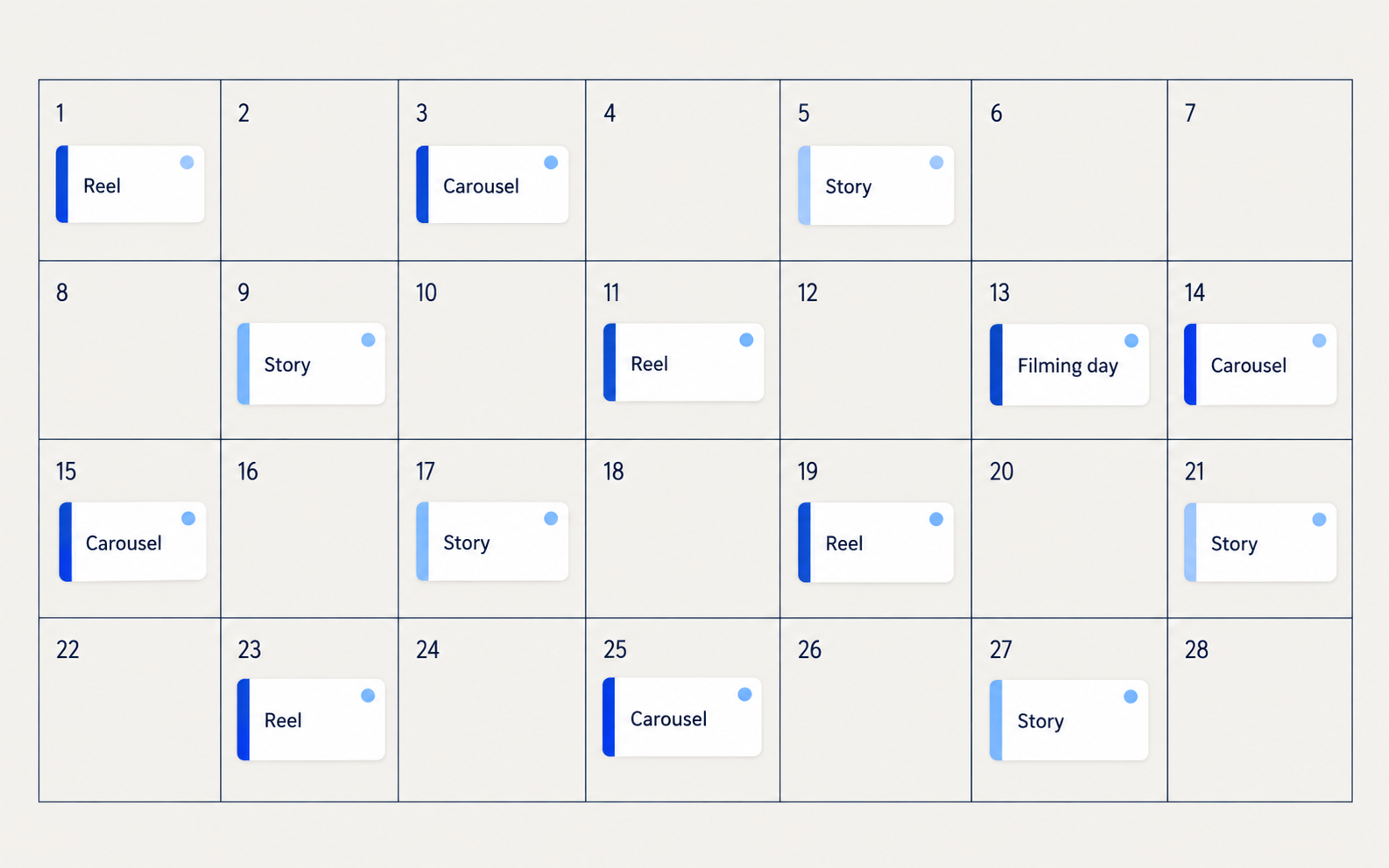 Illustrative four-week calendar for Reels, carousels, Stories, and a filming day