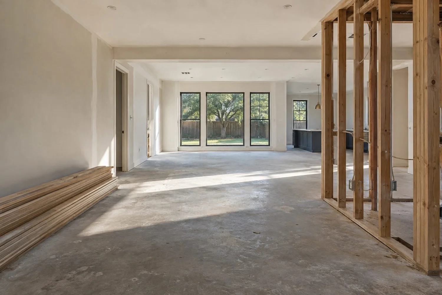 Open-plan interior mid-renovation with framed walls and new windows, documented for a real estate investor.