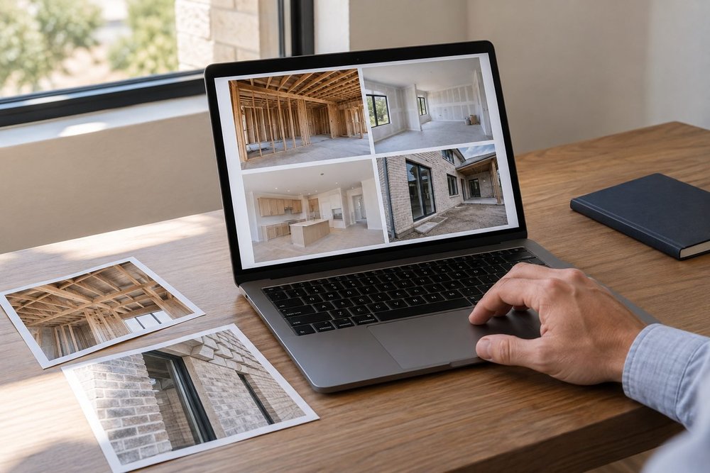 Investor reviewing a progress photo update on a laptop from a remote office.