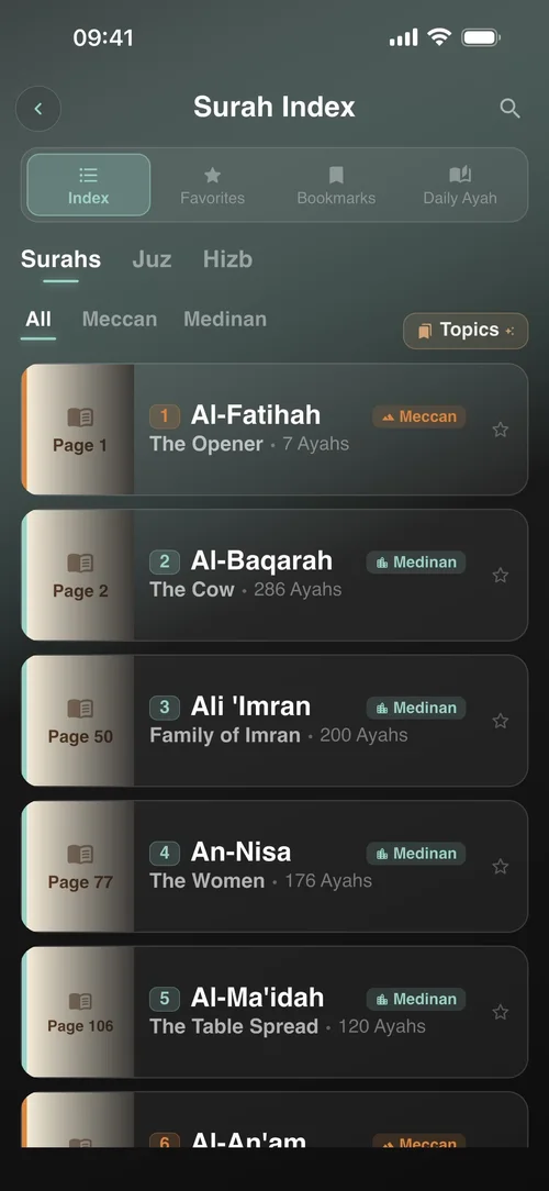 فهرس السور الفعلي لموقع شيعة نور ، مع أسماء السور، ومعايير التصفية، وعلامات التبويب المحفوظة للقراءة