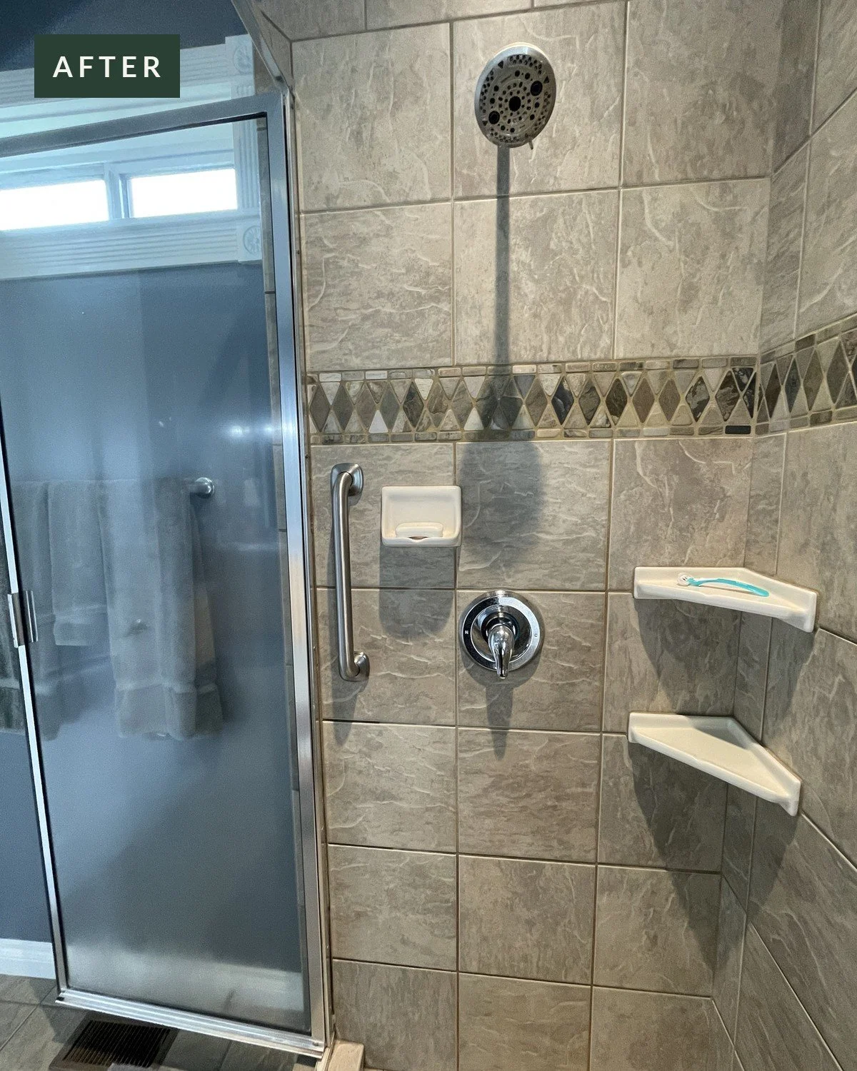 Entry wall, after grab bar installation in a tiled walk-in shower in Redmond, Oregon