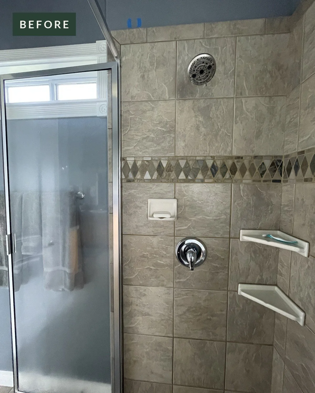 Entry wall, before grab bar installation in a tiled walk-in shower in Redmond, Oregon