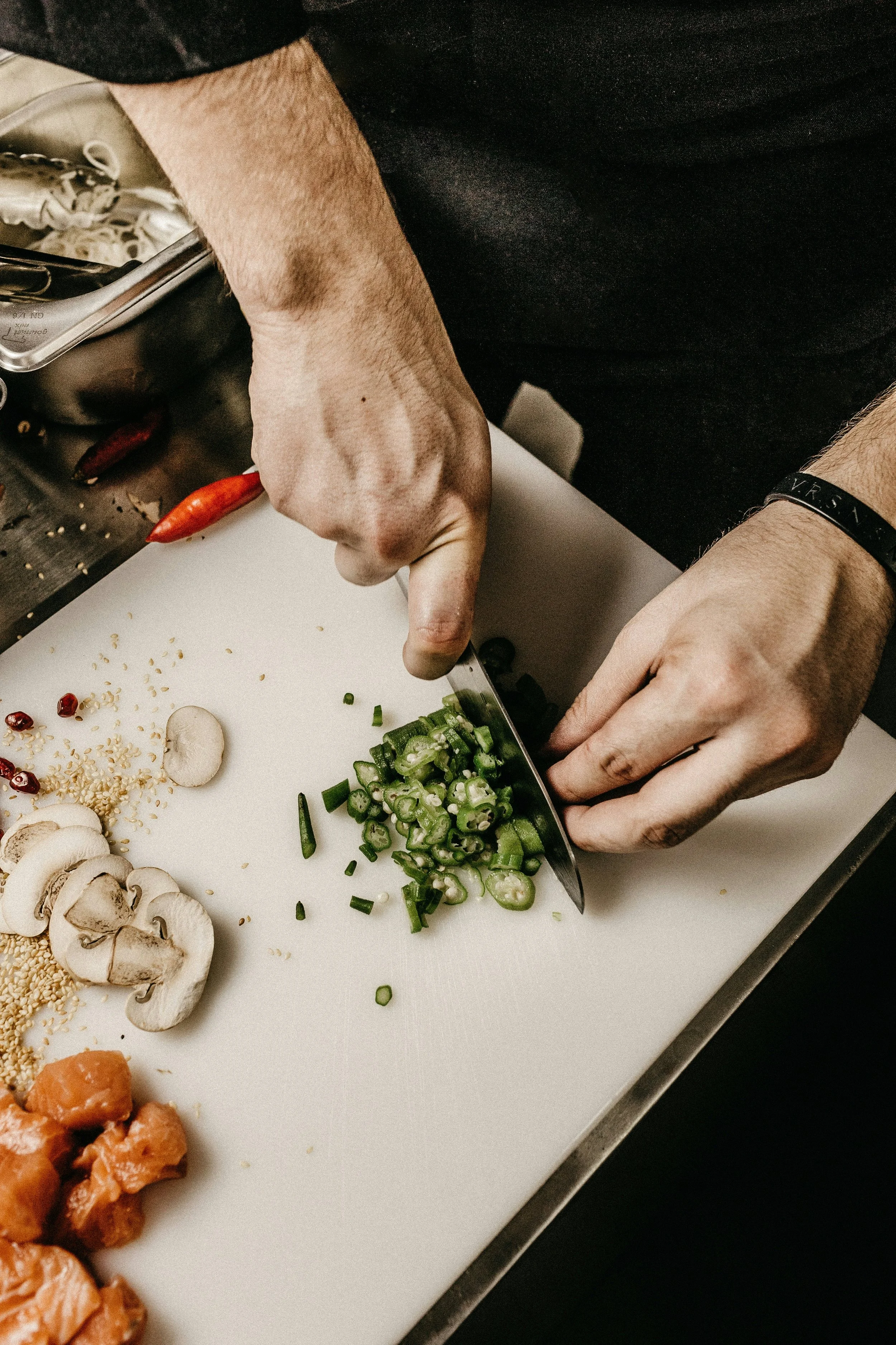 Food prep station under a commercial exhaust hood