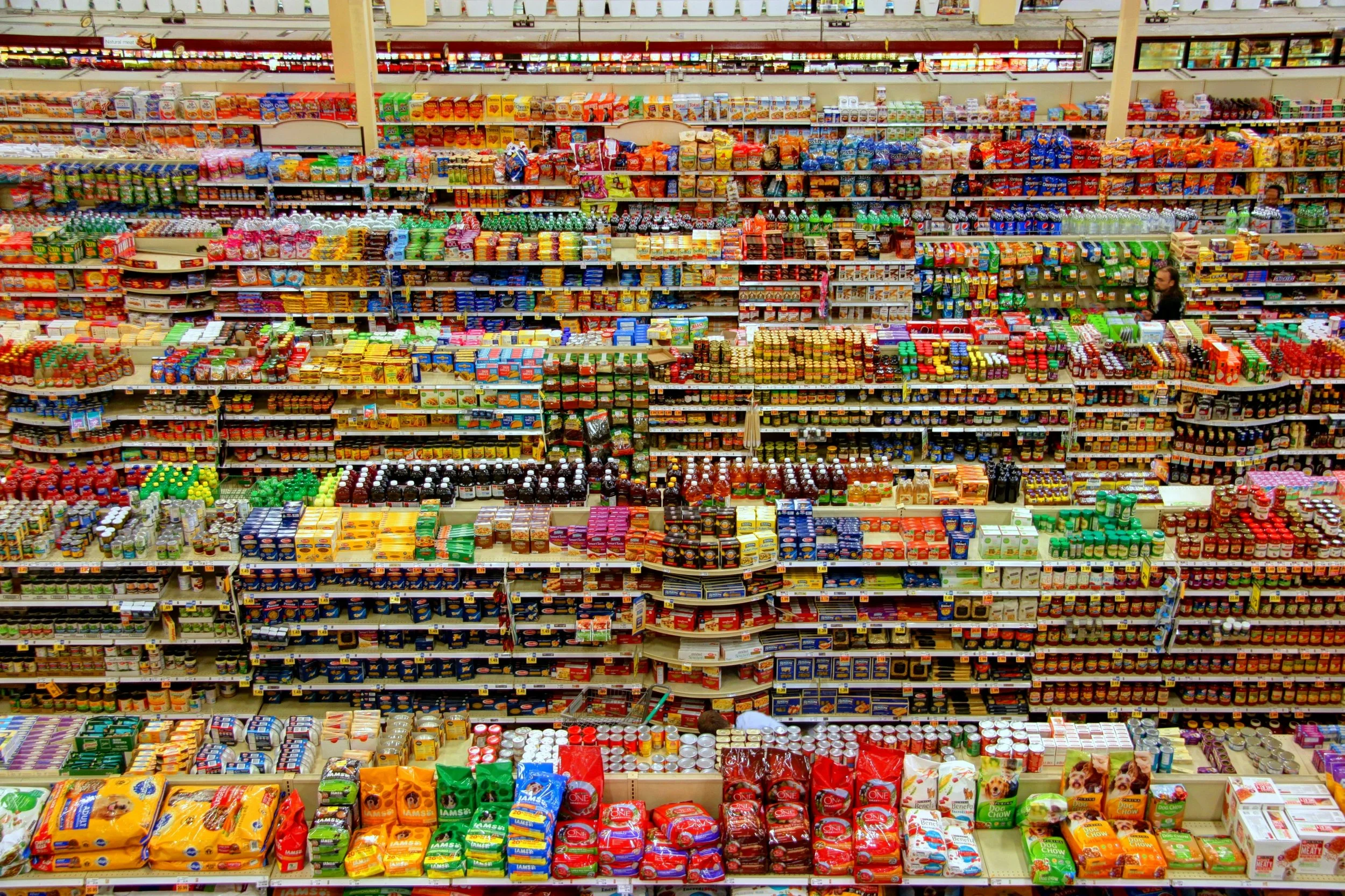 High-angle view of a grocery store display gondola