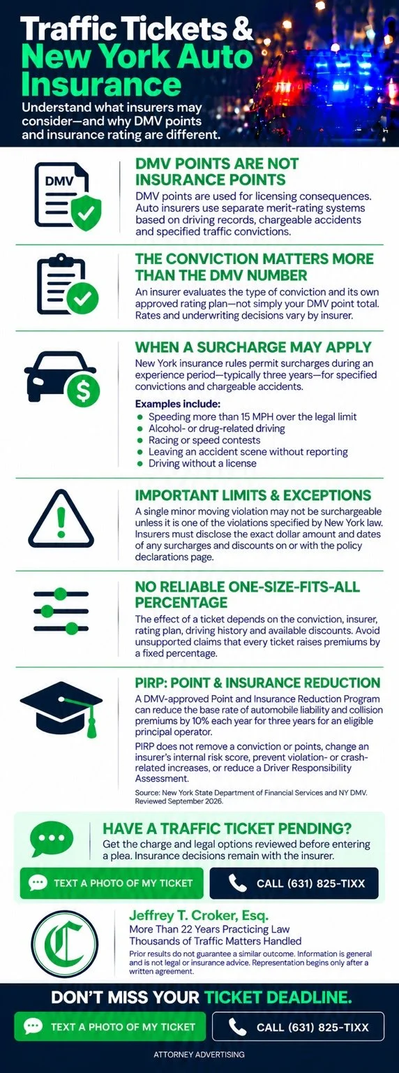 How New York traffic tickets may affect auto insurance, including DMV points, surcharge rules and PIRP information.