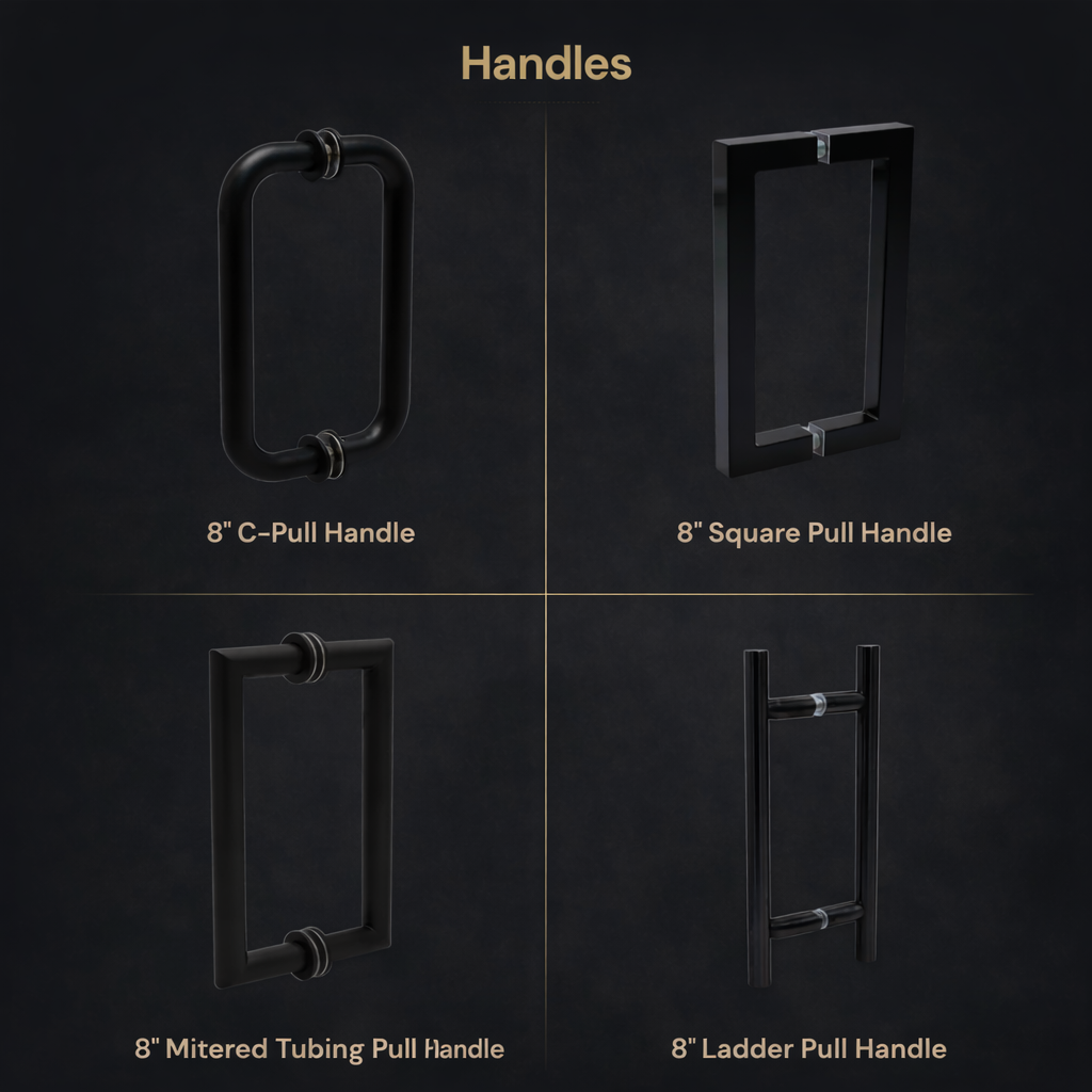 Shower door handle styles including C-pull, square pull, ladder, and mitered tubing handles