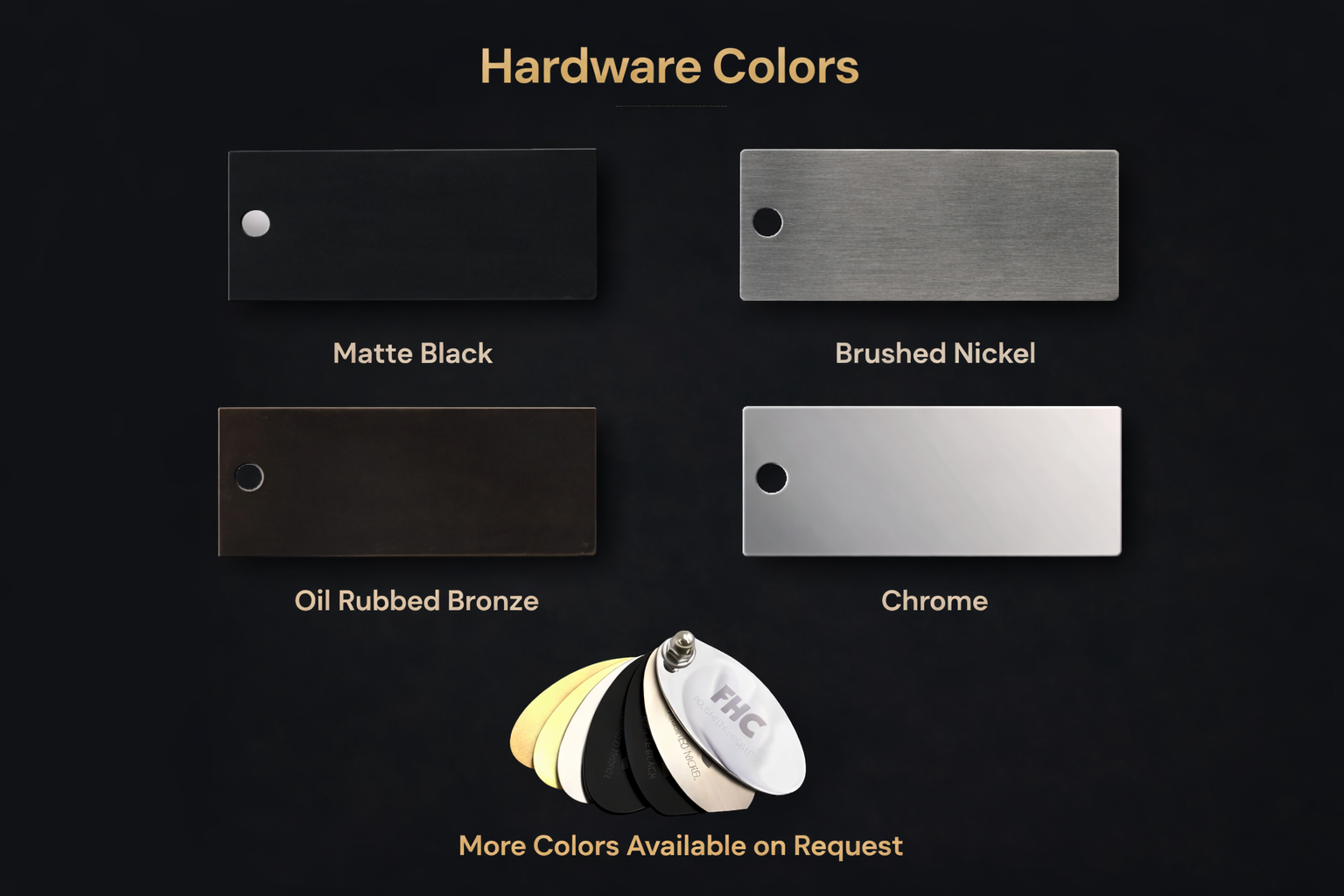 Shower door hardware finishes including matte black, brushed nickel, oil rubbed bronze, and chrome