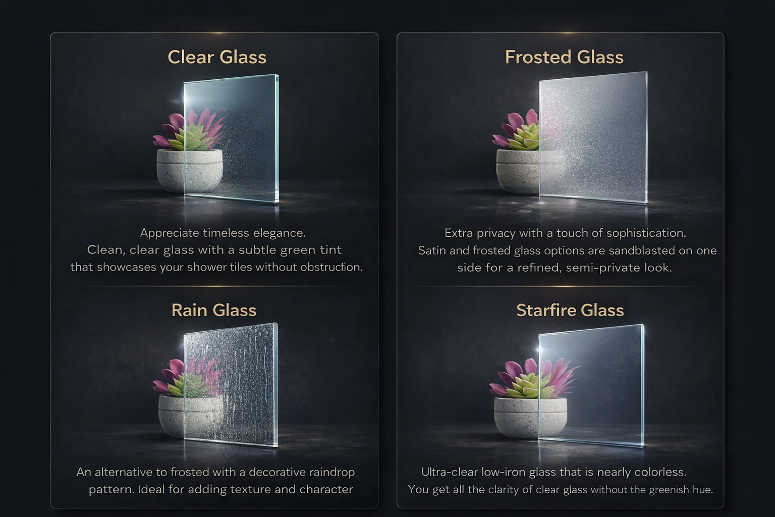 Shower glass options including clear, frosted, rain, and Starfire glass