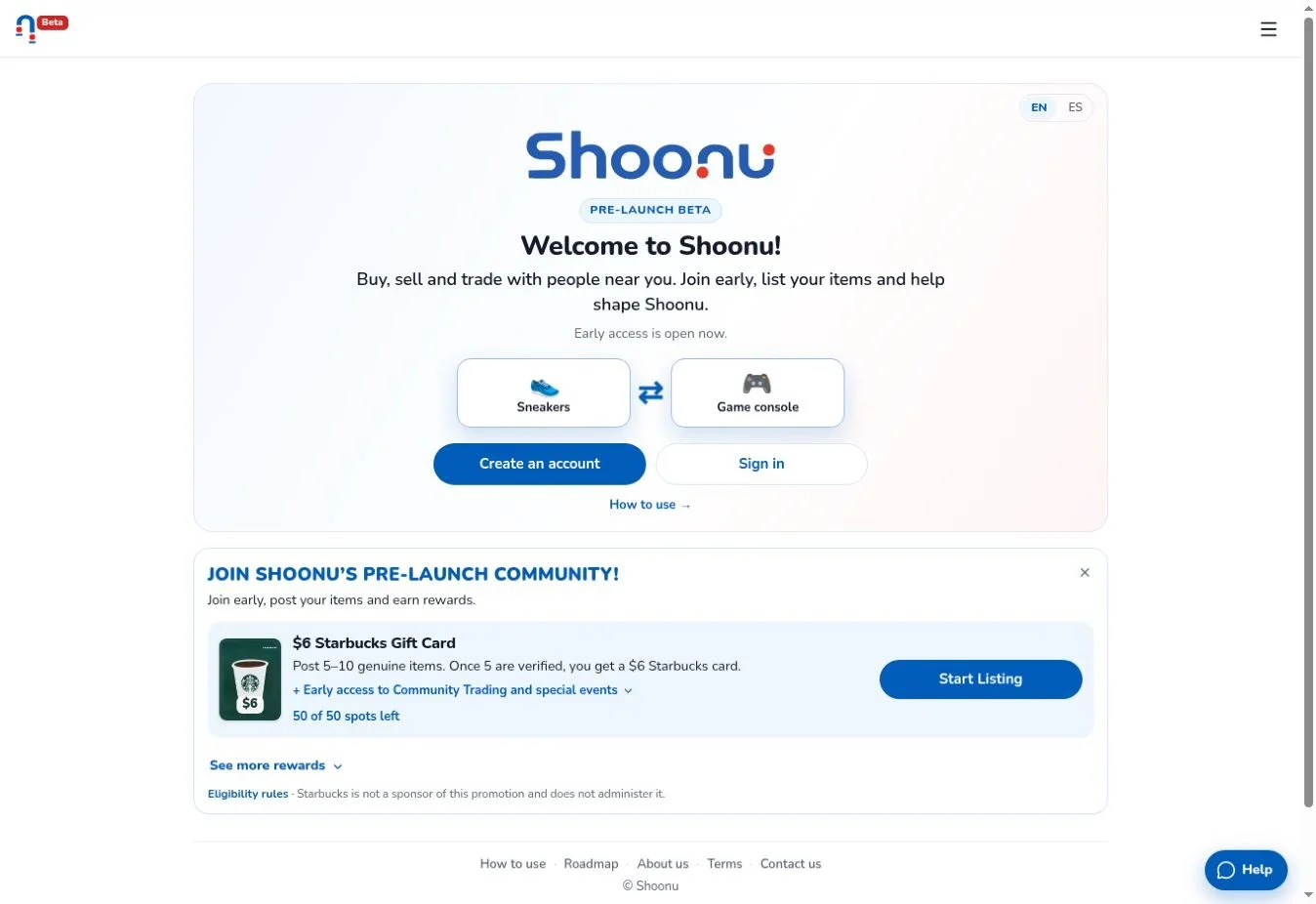 Shoonu website landing page with welcome message and trading introduction